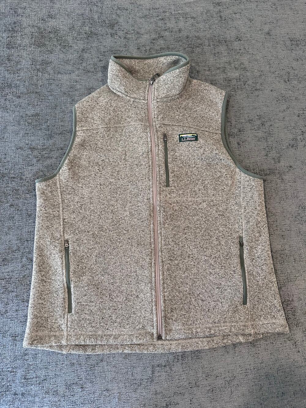 LL Bean Sweater Fleece Vest Mens Large Grey/Green Trim Full Zip Outdoor Warm L